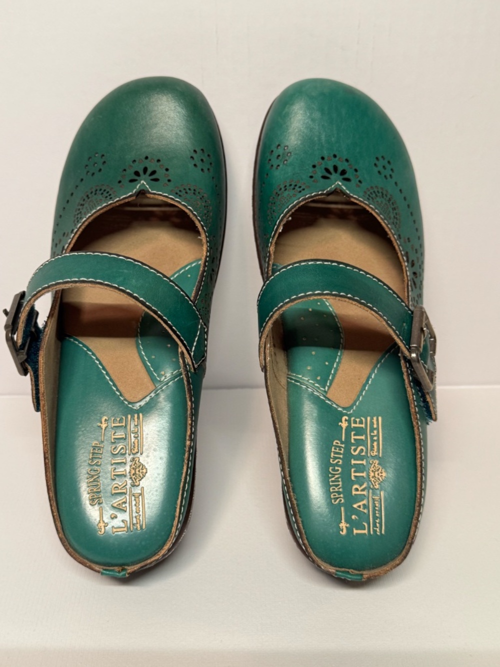 L’Artiste Aneira Green Leather Mary Jane Clogs EU 37 Boho Comfort Clogs - Picture 5 of 13